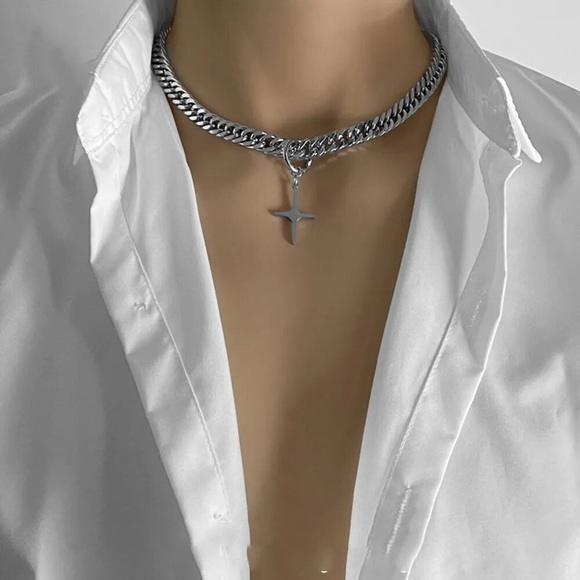 Stainless Steel Cuban Chain with Cross Pendant for Men - Picture 6 of 9